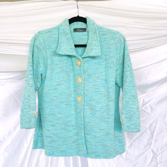 Willow Mint Green with Blue & Cream Accent Knit Cropped Jacket - Picture 1 of 7